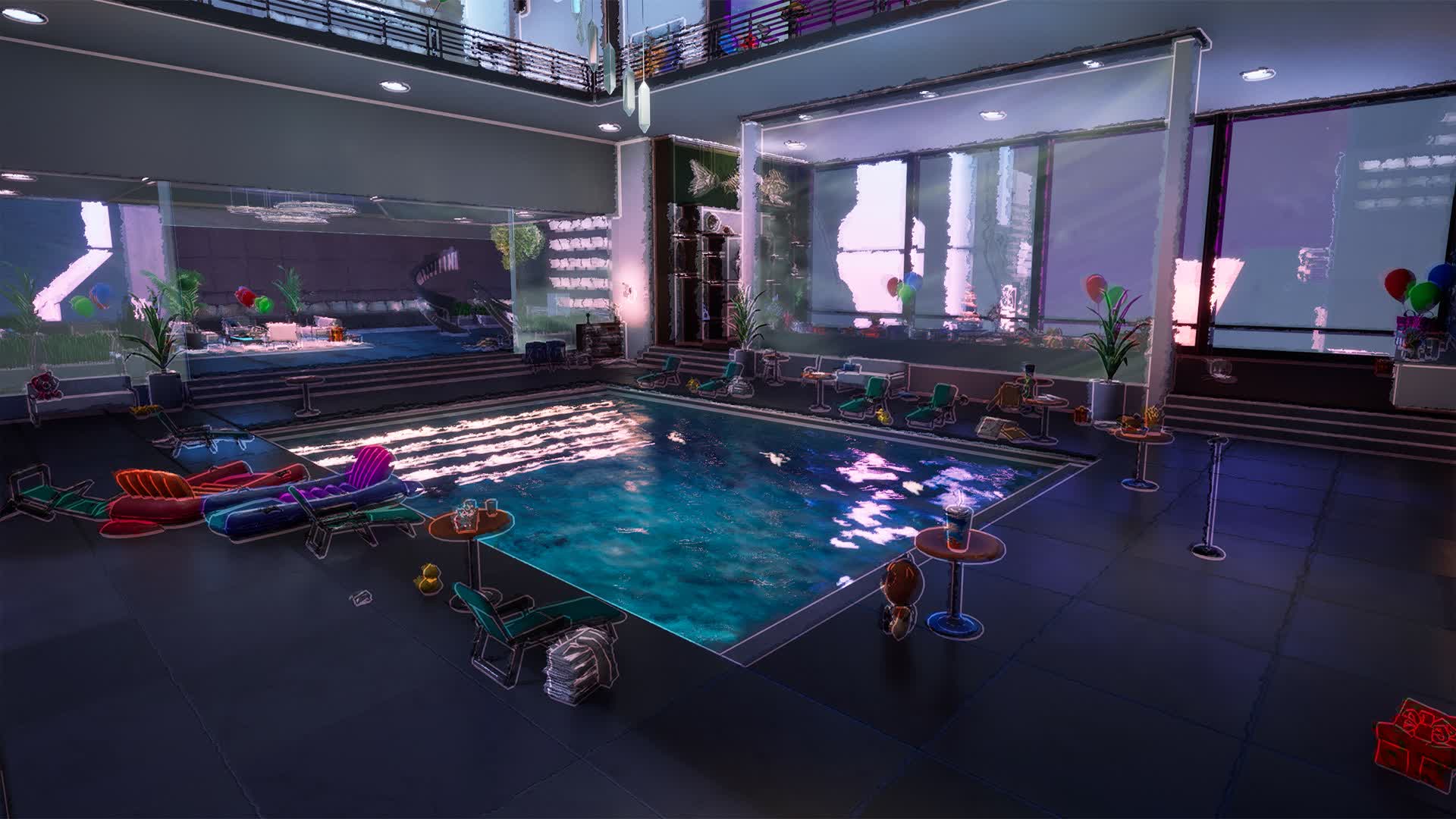 Screenshot of the Prop Hunt level, a penthouse suite with a pool, balloons, and other party props.