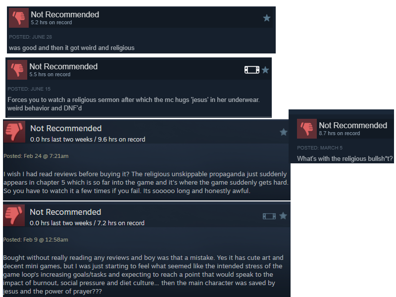 A collage of negative <em>Consume Me</em> reviews, all citing the religious references.