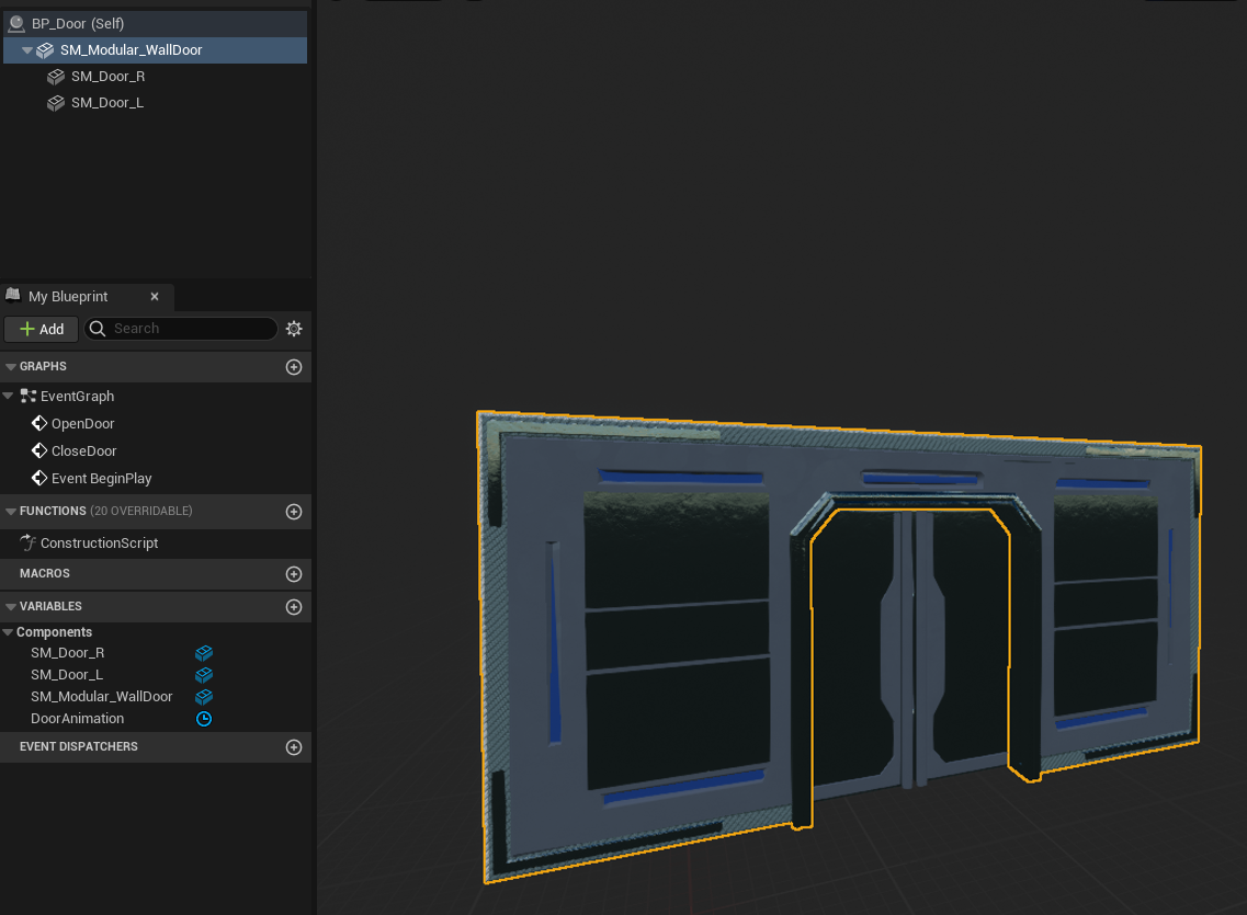 The Wall Door mesh with the two door piece meshes, before using Scenes to achieve relative positioning