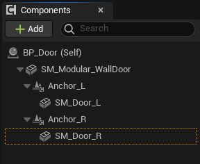 The Components tree of the door Blueprint when the two Scene Components have been correctly added.