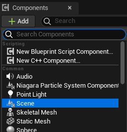 Selecting Scene from the Add menu in the Components tab